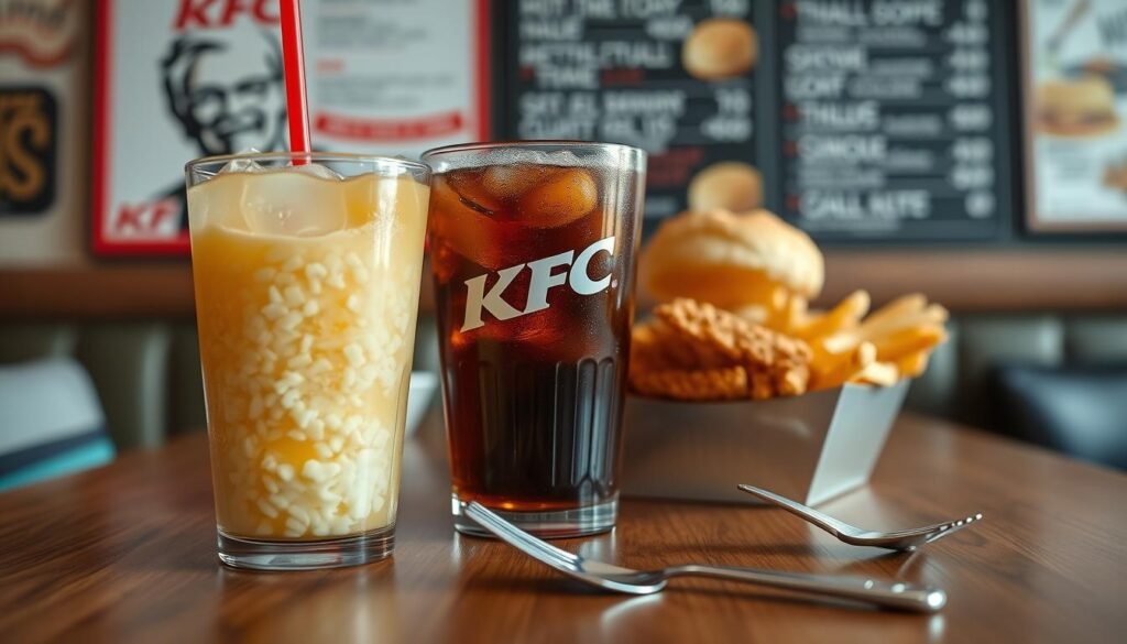 A KFC lunch combo elegantly arranged on a wooden table, showcasing a crispy fried chicken piece, a serving of creamy coleslaw, hot buttery biscuit, and a side of golden fries. In the foreground, a large cup of refreshing soda with ice and a straw, glistening under soft natural light. The middle ground features a polished plate and silverware, inviting the viewer to indulge. In the background, a subtle hint of a menu board with tantalizing KFC options blurred, creating an inviting atmosphere. The composition captures a warm, casual dining feel, evoking a sense of comfort and satisfaction in enjoying a delicious lunch.