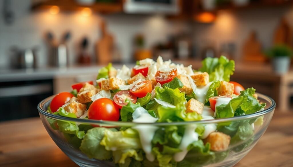A beautifully arranged Caesar salad featuring crisp romaine lettuce, topped with creamy Caesar dressing and sprinkled with shaved parmesan cheese. Juicy cherry tomatoes and crunchy croutons add color and texture. The foreground displays a glass bowl filled with the salad, reflecting the fresh ingredients. In the middle, a wooden table adds a rustic touch, while a blurred background showcases a soft-focus kitchen setting with warm, natural lighting. The atmosphere feels inviting and healthy, perfect for a culinary article. Capture the scene from a slightly elevated angle, emphasizing the vibrant colors and textures of the fresh ingredients. No captions or text overlays should be present.