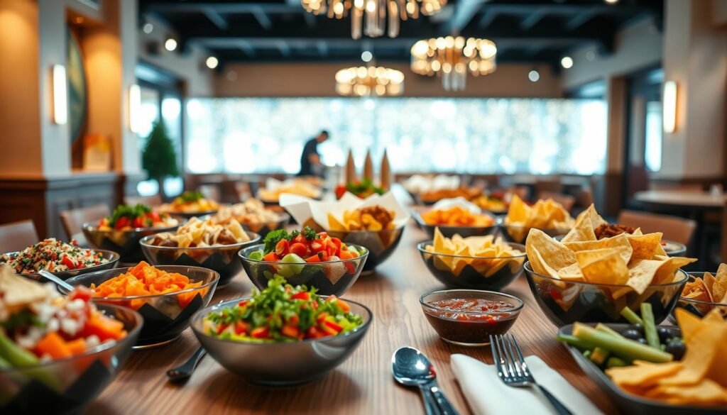 A beautifully arranged Chipotle catering menu displayed prominently in the foreground, featuring colorful bowls of freshly made burrito ingredients, vibrant toppings, and appetizing sides like chips and salsa. In the middle ground, a clean and modern wooden table setting enhances the presentation, complemented by elegant utensils and napkins, suggesting an upscale event. The background subtly hints at a festive atmosphere, with soft, warm lighting illuminating the setting, creating an inviting mood. The angle of the shot is slightly elevated, capturing a bird’s eye view of the catering setup, making it visually appealing and organized. The overall ambiance conveys professionalism and celebration, ideal for choosing the right catering option for various gatherings. A beautifully arranged Chipotle catering menu displayed prominently in the foreground, featuring colorful bowls of freshly made burrito ingredients, vibrant toppings, and appetizing sides like chips and salsa. In the middle ground, a clean and modern wooden table setting enhances the presentation, complemented by elegant utensils and napkins, suggesting an upscale event. The background subtly hints at a festive atmosphere, with soft, warm lighting illuminating the setting, creating an inviting mood. The angle of the shot is slightly elevated, capturing a bird’s eye view of the catering setup, making it visually appealing and organized. The overall ambiance conveys professionalism and celebration, ideal for choosing the right catering option for various gatherings.