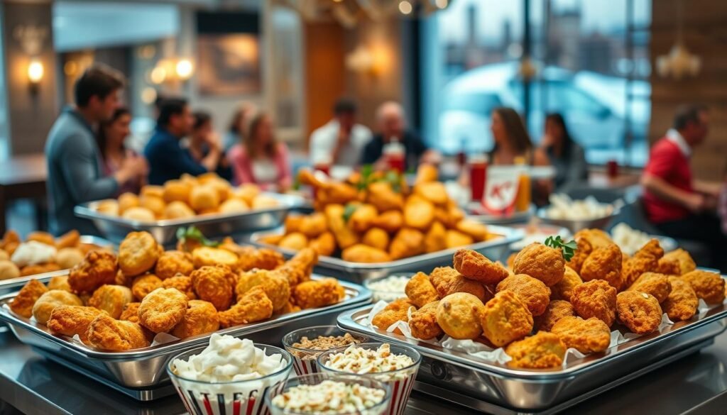 A beautifully arranged KFC catering display featuring a variety of menu options suitable for group sizes. In the foreground, showcase large serving trays overflowing with crispy fried chicken, mashed potatoes, coleslaw, and biscuits, elegantly presented with garnishes. In the middle ground, include a table adorned with neatly arranged sides, drinks, and utensils, all in a warm, inviting setting. The background should have soft lighting that creates a cozy atmosphere, perhaps with blurred hints of a gathering space filled with happy guests enjoying their meal. The overall mood should feel festive and communal, ideal for a family or corporate gathering, emphasizing the diversity of KFC's catering offerings.