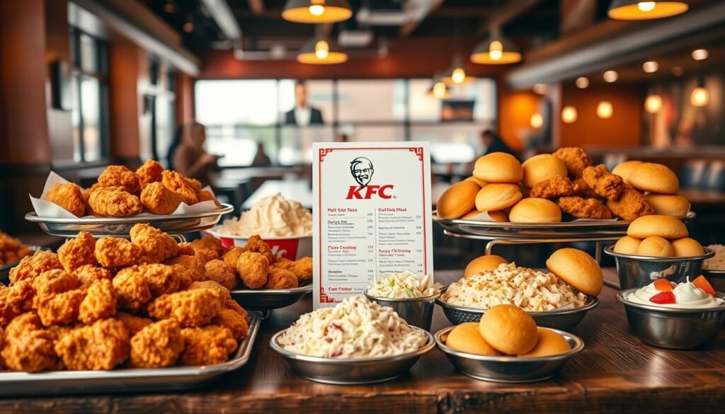 A beautifully arranged KFC catering menu display, showcasing a vibrant assortment of fried chicken, sides, and desserts elegantly presented on a rustic wooden table. In the foreground, large trays of crispy chicken pieces, creamy mashed potatoes, coleslaw, and buttery biscuits are meticulously arranged. The middle layer features a stylish menu card with the KFC logo, displaying catering options and prices clearly while remaining visually appealing. In the background, a softly lit restaurant interior with warm tones creates an inviting atmosphere. The scene is captured with a warm, soft focus lens, evoking a sense of comfort and indulgence. The lighting is bright yet soft, reflecting a joyful gathering, ideal for family or corporate events. No text or logos on the menu.