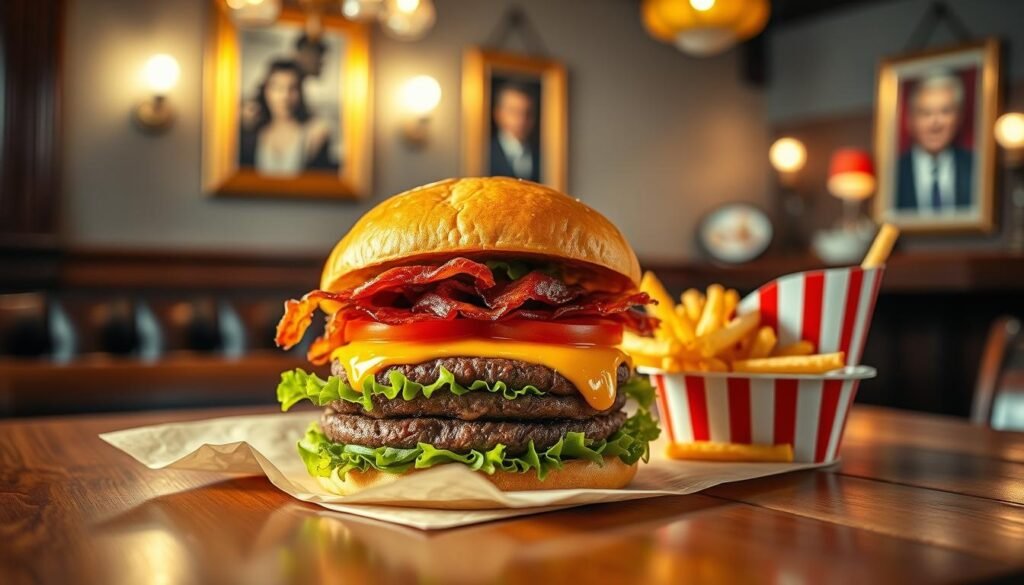 A beautifully arranged "Presidential" burger on a wooden table, showcasing layers of juicy beef patties, crispy bacon, melty American cheese, fresh lettuce, ripe tomato slices, and a dollop of special sauce. The foreground features the burger on a rustic wax paper, with a small side of crispy fries in a red-and-white striped container. In the middle, include a luxurious, soft-focus diner setting with elegant lighting that casts a warm, inviting glow. In the background, subtle hints of celebrity-inspired decor, such as a framed photo of a famous burger enthusiast. The atmosphere is vibrant and appetizing, evoking a sense of indulgence and culinary delight. Ensure the image is vibrant and captures the essence of enjoying a secret menu item in a classic American diner style. A beautifully arranged "Presidential" burger on a wooden table, showcasing layers of juicy beef patties, crispy bacon, melty American cheese, fresh lettuce, ripe tomato slices, and a dollop of special sauce. The foreground features the burger on a rustic wax paper, with a small side of crispy fries in a red-and-white striped container. In the middle, include a luxurious, soft-focus diner setting with elegant lighting that casts a warm, inviting glow. In the background, subtle hints of celebrity-inspired decor, such as a framed photo of a famous burger enthusiast. The atmosphere is vibrant and appetizing, evoking a sense of indulgence and culinary delight. Ensure the image is vibrant and captures the essence of enjoying a secret menu item in a classic American diner style.