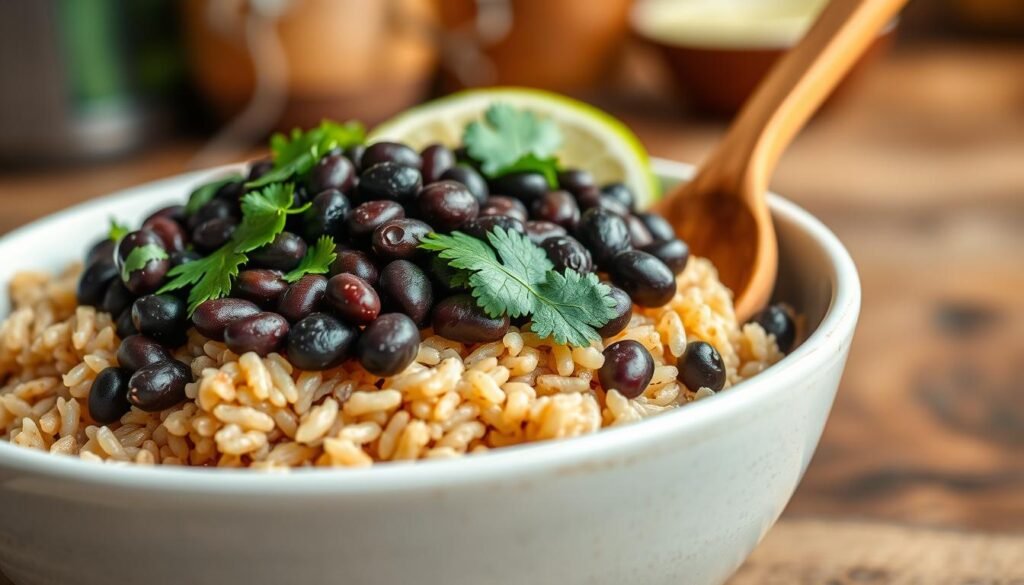 A beautifully arranged bowl showcasing a serving of brown rice topped with steaming black beans, garnished with fresh cilantro and lime wedges. The foreground features a close-up of the vibrant textures and colors of the rice and beans, with glistening drops of moisture to highlight freshness. In the middle, a wooden spoon rests beside the bowl, hinting at the process of enjoying this nutritious meal. The background softly blurs out to reveal a rustic kitchen setting, with warm wooden tones and soft lighting that creates an inviting atmosphere. The overall mood evokes a sense of health, warmth, and deliciousness, perfect for those considering macros and nutritious choices. A beautifully arranged bowl showcasing a serving of brown rice topped with steaming black beans, garnished with fresh cilantro and lime wedges. The foreground features a close-up of the vibrant textures and colors of the rice and beans, with glistening drops of moisture to highlight freshness. In the middle, a wooden spoon rests beside the bowl, hinting at the process of enjoying this nutritious meal. The background softly blurs out to reveal a rustic kitchen setting, with warm wooden tones and soft lighting that creates an inviting atmosphere. The overall mood evokes a sense of health, warmth, and deliciousness, perfect for those considering macros and nutritious choices.