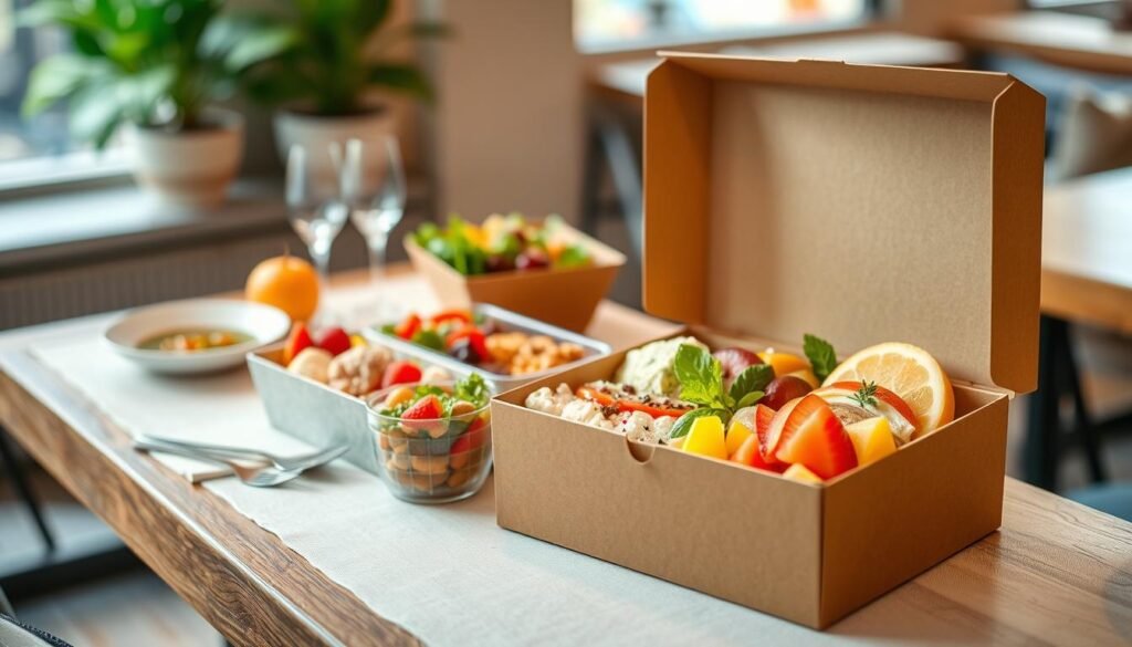 A beautifully arranged boxed meal showcasing an array of delicious options tailored for individual servings. In the foreground, an elegant takeout box is opened to reveal colorful, neatly presented portions of fresh salads, gourmet sandwiches, and vibrant fruit. Surrounding the box are attractive garnishes and utensils, emphasizing a catering setup. The middle ground features a subtle table setting, complete with a rustic wooden table and soft, neutral textiles. In the background, a softly lit café atmosphere adds warmth, with blurred hints of greenery from potted plants. The lighting is warm and inviting, casting gentle shadows to enhance the textures of the food. The overall mood conveys a sense of convenience and quality, perfect for to-go catering solutions.