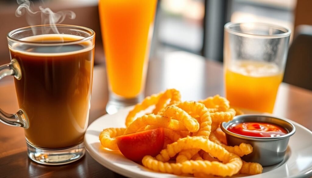 A beautifully arranged breakfast setting featuring a variety of Arby's side beverages paired with crispy hash browns. In the foreground, a steaming cup of freshly brewed coffee with a tempting swirl of cream, and a vibrant orange juice in a tall glass glimmering in the morning light. In the middle, a crisp serving of golden hash browns piled artfully on a plate, dusted with tiny flecks of seasoning, alongside a small bowl of tangy ketchup. The background is softly blurred, suggesting a cozy restaurant ambiance with warm lighting. Use a slight overhead angle to capture the food's textures and colors, evoking a welcoming and appetizing atmosphere, perfect for breakfast enjoyment.