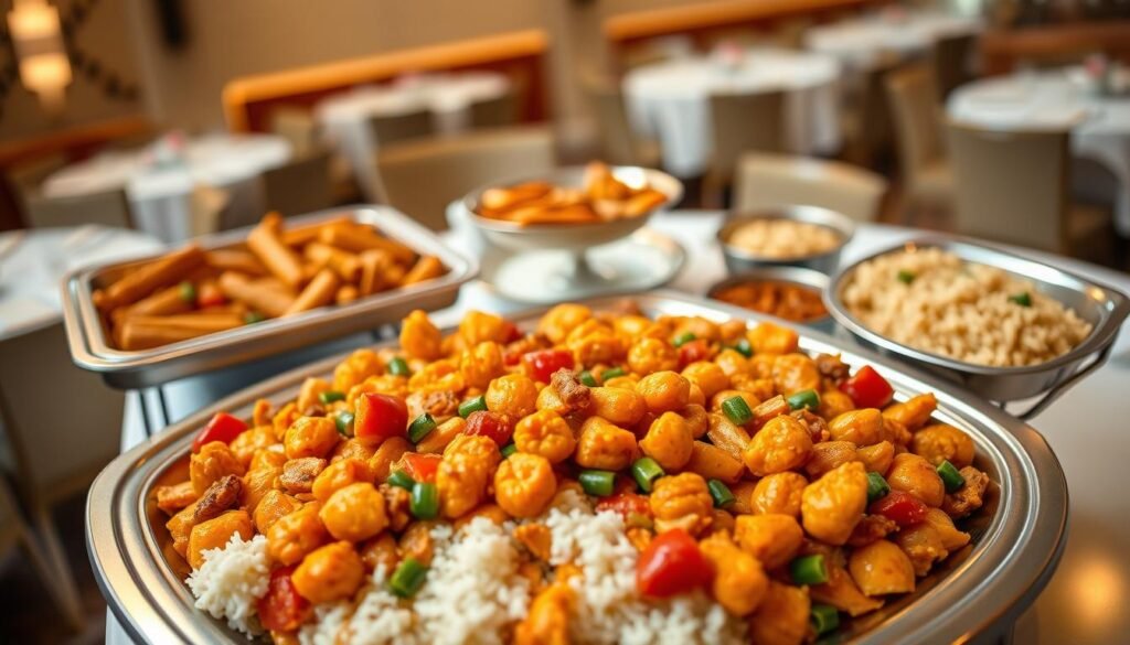 A beautifully arranged catering menu tray showcasing a variety of Panda Express dishes, emphasizing different serving sizes. In the foreground, display a large tray filled with vibrant orange chicken, rice, and mixed vegetables, artistically arranged for visual appeal. In the middle ground, include smaller trays featuring spring rolls, chow mein, and side dishes, demonstrating the range of catering options available. The background should consist of a softly blurred banquet setting, with warm, inviting lighting that highlights the food. Capture the scene from an overhead angle to provide a comprehensive view of the trays. The atmosphere should feel festive and professional, suitable for an event setting, conveying a sense of abundance and variety without any text or logos. A beautifully arranged catering menu tray showcasing a variety of Panda Express dishes, emphasizing different serving sizes. In the foreground, display a large tray filled with vibrant orange chicken, rice, and mixed vegetables, artistically arranged for visual appeal. In the middle ground, include smaller trays featuring spring rolls, chow mein, and side dishes, demonstrating the range of catering options available. The background should consist of a softly blurred banquet setting, with warm, inviting lighting that highlights the food. Capture the scene from an overhead angle to provide a comprehensive view of the trays. The atmosphere should feel festive and professional, suitable for an event setting, conveying a sense of abundance and variety without any text or logos.