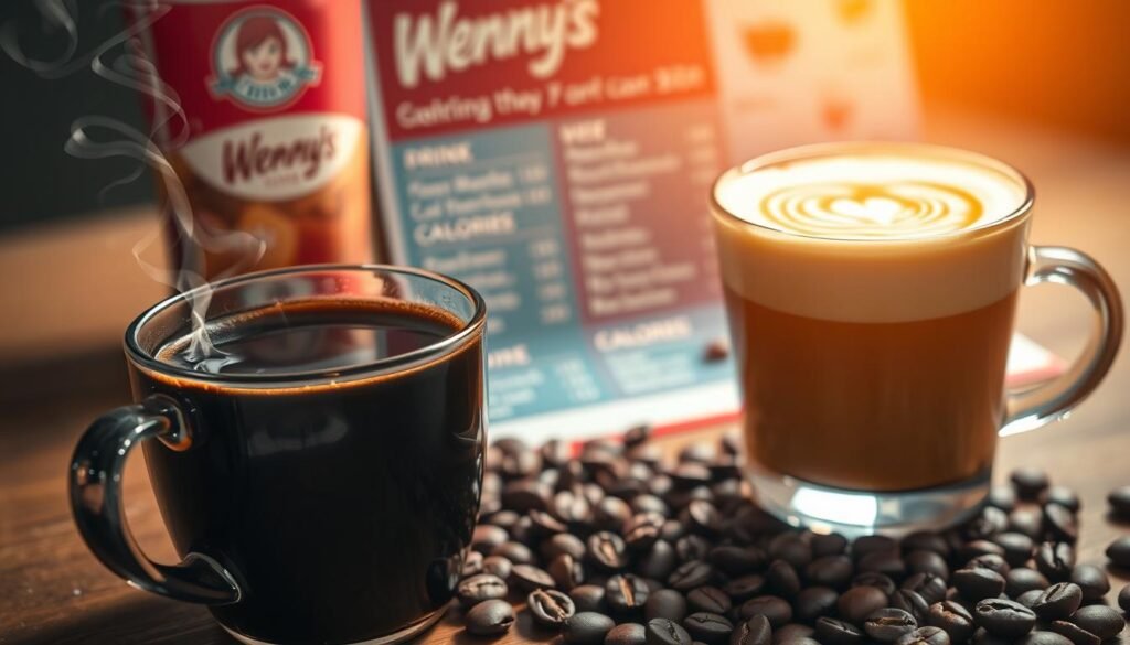 A beautifully arranged coffee scene focusing on various types of coffee drinks. In the foreground, a steaming cup of dark roasted coffee sits on a wooden table, glistening with tiny droplets of condensation. Next to it, a delicate cappuccino topped with whimsical latte art and a frothy milk layer. In the middle ground, an assortment of coffee beans scattered around a colorful menu from Wendy's featuring drink names and calorie counts subtly blurred in the background. The lighting is warm and inviting, creating a cozy atmosphere, hinting at early morning or late afternoon ambiance. The lens captures a close-up of the coffee cups with a shallow depth of field, and soft shadows enhance the textures of the drinks and the rich color of the beans.