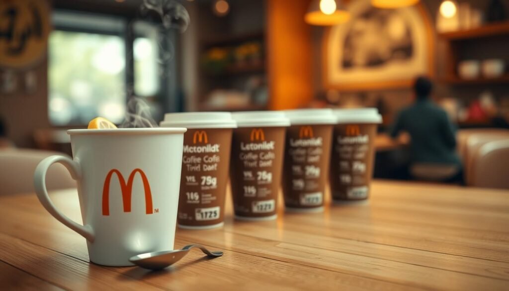 A beautifully arranged coffee setting featuring McDonald's coffee cup sizes on a wooden table. In the foreground, focus on a medium-sized McDonald's coffee cup, with steam rising from it, showing a slice of lemon and a small spoon beside it. The middle layer includes various cup sizes - small, medium, and large, all artistically displayed with their corresponding calorie labels subtly visible. The background softly fades into a cozy café environment with warm lighting, enhancing the inviting atmosphere. Use a slight overhead angle to capture the details of the coffee cups and provide a clear view of the calorie information, creating a warm and informative mood that suits the nutrition-focused theme.