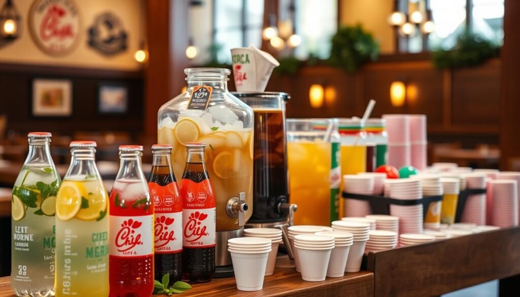 A beautifully arranged display of Chick-fil-A catering drinks, featuring large glass gallon containers filled with refreshing iced tea and lemonade, adorned with fresh lemon slices and mint leaves. In the foreground, elegant glass bottles of soft drinks sit next to a steaming carafe of rich coffee, highlighted by a subtle sheen from the morning light. The middle ground showcases a rustic wooden table decorated with ice-filled coolers, showcasing colorful beverage choices and catering cups, invitingly arranged. The background features a softly blurred restaurant setting with warm, inviting lighting. The overall atmosphere is friendly and vibrant, evoking a sense of enjoyment and community, perfect for a catering event. A beautifully arranged display of Chick-fil-A catering drinks, featuring large glass gallon containers filled with refreshing iced tea and lemonade, adorned with fresh lemon slices and mint leaves. In the foreground, elegant glass bottles of soft drinks sit next to a steaming carafe of rich coffee, highlighted by a subtle sheen from the morning light. The middle ground showcases a rustic wooden table decorated with ice-filled coolers, showcasing colorful beverage choices and catering cups, invitingly arranged. The background features a softly blurred restaurant setting with warm, inviting lighting. The overall atmosphere is friendly and vibrant, evoking a sense of enjoyment and community, perfect for a catering event.