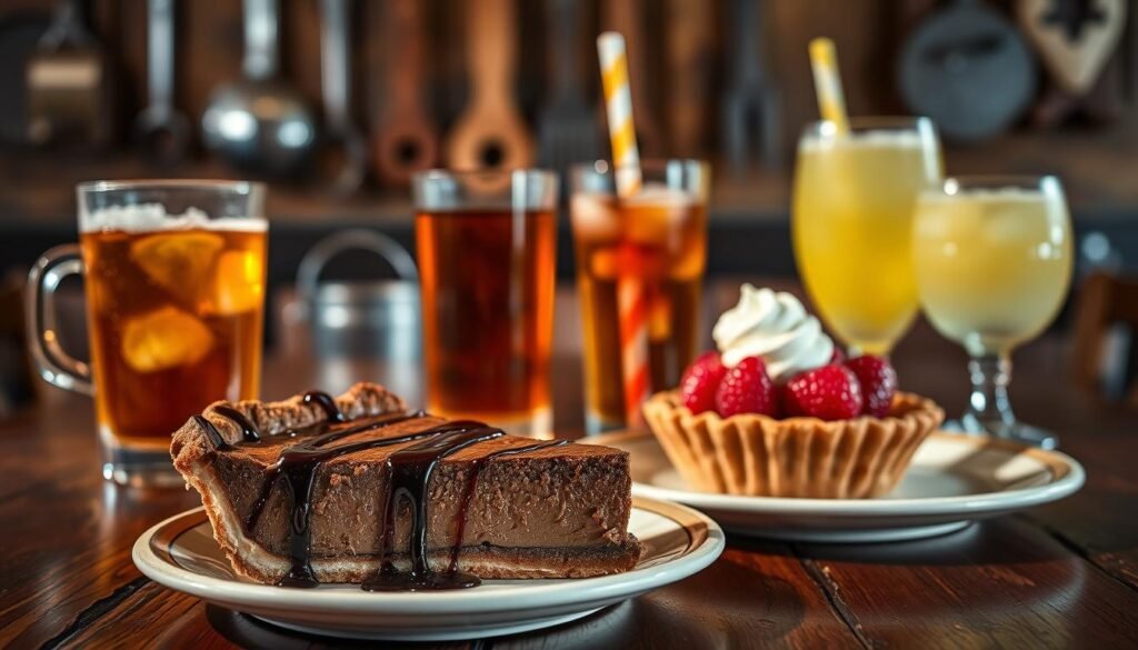 A beautifully arranged display of various Cracker Barrel desserts and drinks on a rustic wooden table. In the foreground, a slice of rich chocolate pie with glossy chocolate drizzle, accompanied by a colorful fruit tart topped with fresh berries. Beside them, a chilled glass of sweet tea, condensation glistening on the surface, and a frothy lemonade in a vintage glass. In the middle ground, a cozy dining setting with soft, warm lighting that creates an inviting atmosphere. In the background, blurring the edges, a rustic wall adorned with essential kitchen utensils and a hint of southern charm. The overall mood is warm and inviting, evoking a sense of nostalgia and comfort associated with wholesome southern dining. The image should be captured with a shallow depth of field, emphasizing the desserts and drinks while softly blurring the background for focus. A beautifully arranged display of various Cracker Barrel desserts and drinks on a rustic wooden table. In the foreground, a slice of rich chocolate pie with glossy chocolate drizzle, accompanied by a colorful fruit tart topped with fresh berries. Beside them, a chilled glass of sweet tea, condensation glistening on the surface, and a frothy lemonade in a vintage glass. In the middle ground, a cozy dining setting with soft, warm lighting that creates an inviting atmosphere. In the background, blurring the edges, a rustic wall adorned with essential kitchen utensils and a hint of southern charm. The overall mood is warm and inviting, evoking a sense of nostalgia and comfort associated with wholesome southern dining. The image should be captured with a shallow depth of field, emphasizing the desserts and drinks while softly blurring the background for focus.