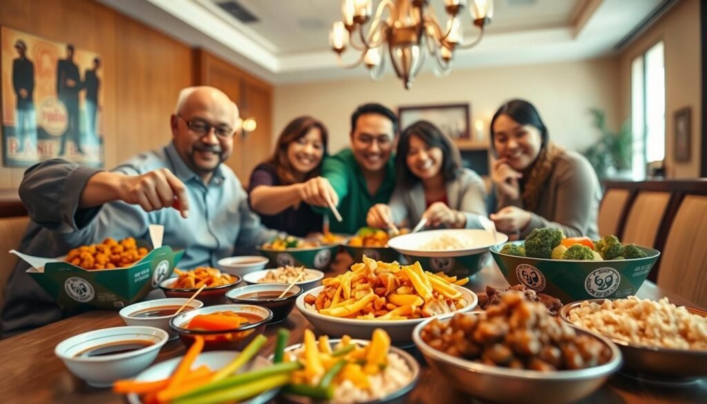 A beautifully arranged family meal featuring a variety of Panda Express dishes, including orange chicken, beef broccoli, and fried rice, placed on a large dining table. In the foreground, a colorful array of bright vegetables and flavorful sauces in small bowls invites sharing. The middle ground showcases smiling family members, dressed in casual yet modest clothing, actively serving each other and enjoying the meal together, radiating warmth and togetherness. The background includes soft lighting from a chandelier overhead, creating a cozy, inviting atmosphere in a warmly decorated dining room. The scene captures a sense of celebration, bonding, and happiness, emphasizing the idea of feeding a group and enjoying shared moments. A beautifully arranged family meal featuring a variety of Panda Express dishes, including orange chicken, beef broccoli, and fried rice, placed on a large dining table. In the foreground, a colorful array of bright vegetables and flavorful sauces in small bowls invites sharing. The middle ground showcases smiling family members, dressed in casual yet modest clothing, actively serving each other and enjoying the meal together, radiating warmth and togetherness. The background includes soft lighting from a chandelier overhead, creating a cozy, inviting atmosphere in a warmly decorated dining room. The scene captures a sense of celebration, bonding, and happiness, emphasizing the idea of feeding a group and enjoying shared moments.