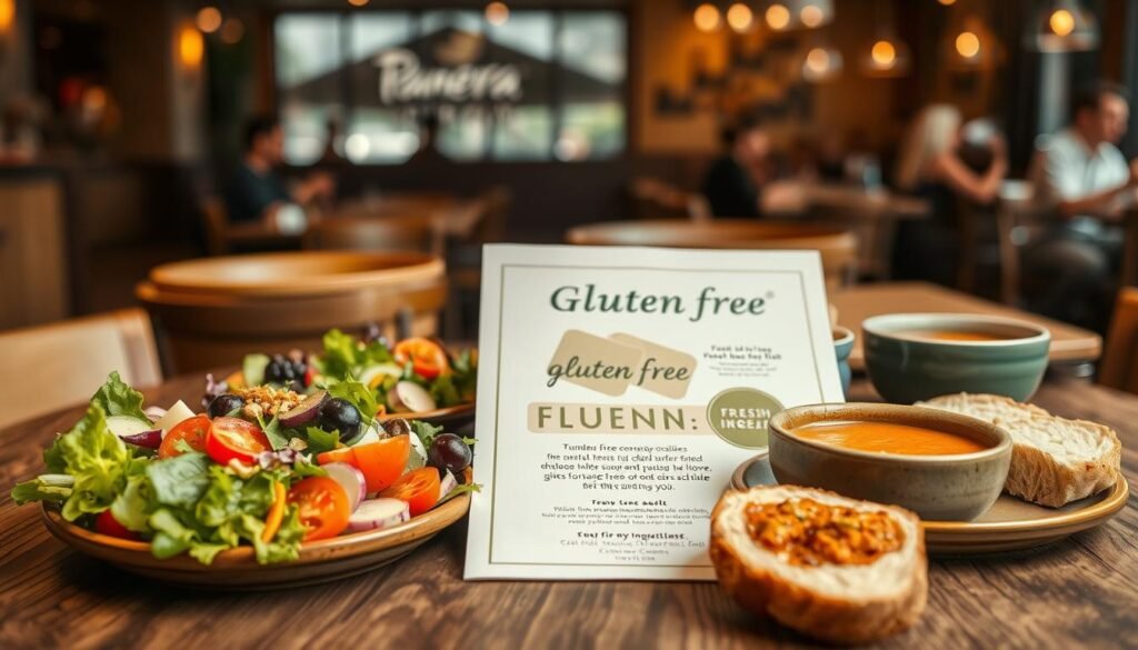 A beautifully arranged gluten-free menu, prominently displayed on a rustic wooden table. In the foreground, a vibrant selection of gluten-free dishes, such as fresh salads with colorful vegetables, a warm bowl of gluten-free soup, and a slice of gluten-free bread, elegantly presented on ceramic plates. The middle layer features the menu itself, with beautifully designed graphics, showcasing gluten-free options in a clean, modern font, while emphasizing fresh ingredients. In the background, soft diffused natural light illuminates the scene, creating a warm and inviting atmosphere. Out of focus, the cozy ambiance of a Panera Bread restaurant can be seen, with patrons enjoying their meals. The overall mood exudes a sense of health-conscious dining and inclusivity. A beautifully arranged gluten-free menu, prominently displayed on a rustic wooden table. In the foreground, a vibrant selection of gluten-free dishes, such as fresh salads with colorful vegetables, a warm bowl of gluten-free soup, and a slice of gluten-free bread, elegantly presented on ceramic plates. The middle layer features the menu itself, with beautifully designed graphics, showcasing gluten-free options in a clean, modern font, while emphasizing fresh ingredients. In the background, soft diffused natural light illuminates the scene, creating a warm and inviting atmosphere. Out of focus, the cozy ambiance of a Panera Bread restaurant can be seen, with patrons enjoying their meals. The overall mood exudes a sense of health-conscious dining and inclusivity.