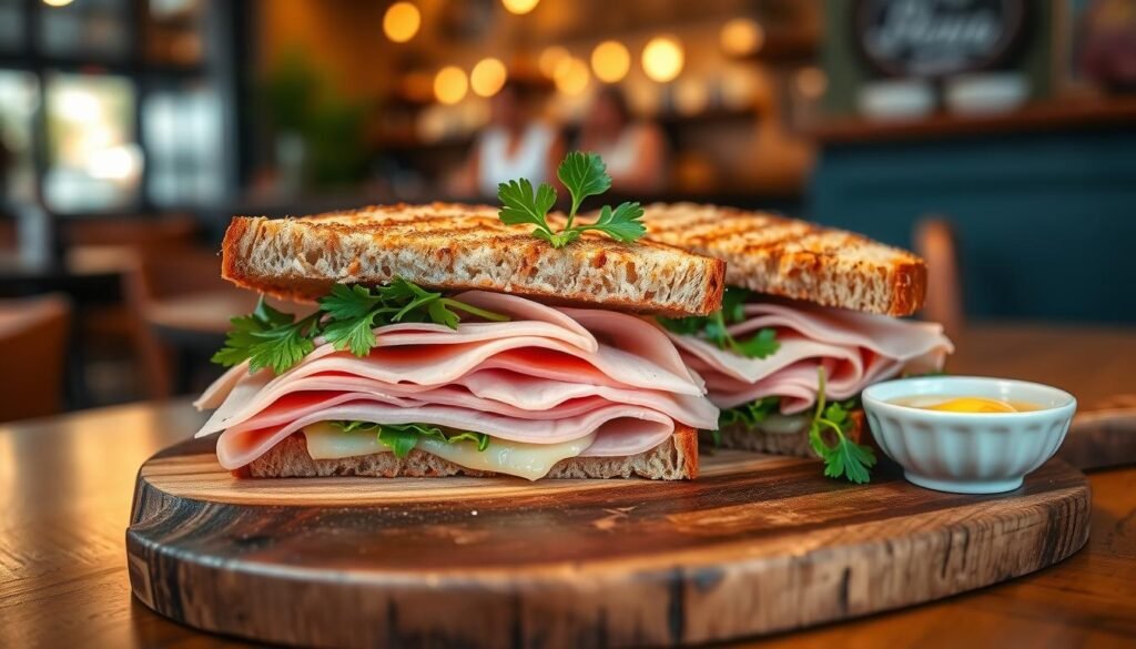 A beautifully arranged ham and Swiss sandwich on soft honey wheat bread, sliced to reveal layers of thinly sliced ham, melted Swiss cheese, and fresh, crisp greens. In the foreground, the sandwich is artistically presented on a rustic wooden cutting board, adorned with a sprig of fresh parsley for a pop of color. The middle ground features a small bowl of honey mustard sauce, complementing the sandwich with an inviting sheen. In the background, a softly blurred café setting with warm, ambient lighting creates a cozy atmosphere, suggesting a casual dining experience. The scene captures the delicious details of the sandwich, inviting viewers to savor the flavors of this off-menu build.
