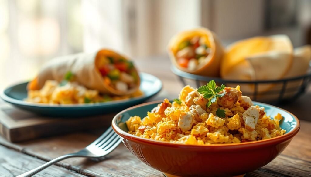 A beautifully arranged hash brown scramble served in a vibrant bowl, featuring golden, crispy hash browns, fluffy scrambled eggs, diced grilled chicken, and topped with shredded cheese and fresh herbs. In the foreground, the bowl is placed on a rustic wooden table, with a fork elegantly resting beside it. The middle ground includes a warm tortilla burrito, partially wrapped to reveal the colorful filling, showcasing similar ingredients. In the background, softly blurred, there are morning light rays streaming through a window, creating a cozy, inviting atmosphere. The scene is bright and cheerful, with a focus on rich textures and colors of the food, emphasizing a delicious breakfast experience. Use soft ambient lighting to enhance the freshness of the ingredients, shot from a slightly elevated angle for a dynamic view. A beautifully arranged hash brown scramble served in a vibrant bowl, featuring golden, crispy hash browns, fluffy scrambled eggs, diced grilled chicken, and topped with shredded cheese and fresh herbs. In the foreground, the bowl is placed on a rustic wooden table, with a fork elegantly resting beside it. The middle ground includes a warm tortilla burrito, partially wrapped to reveal the colorful filling, showcasing similar ingredients. In the background, softly blurred, there are morning light rays streaming through a window, creating a cozy, inviting atmosphere. The scene is bright and cheerful, with a focus on rich textures and colors of the food, emphasizing a delicious breakfast experience. Use soft ambient lighting to enhance the freshness of the ingredients, shot from a slightly elevated angle for a dynamic view.