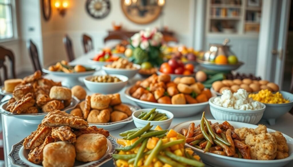 A beautifully arranged lunch and dinner buffet spread, featuring a variety of hearty dishes ideal for feeding a crowd. In the foreground, an elegant table is laden with Southern comfort foods, including fried chicken, biscuits, cornbread, green beans, and mashed potatoes, all served in warm, rustic serving dishes. The middle of the image showcases colorful salads and fruits in decorative bowls, while the background subtly includes a cozy dining area with warm lighting, enhancing the inviting atmosphere. Soft, natural light illuminates the scene, creating a friendly, welcoming vibe. The angle is slightly elevated, offering a comprehensive view of the entire buffet setup, capturing the essence of a cheerful gathering perfect for family and friends. A beautifully arranged lunch and dinner buffet spread, featuring a variety of hearty dishes ideal for feeding a crowd. In the foreground, an elegant table is laden with Southern comfort foods, including fried chicken, biscuits, cornbread, green beans, and mashed potatoes, all served in warm, rustic serving dishes. The middle of the image showcases colorful salads and fruits in decorative bowls, while the background subtly includes a cozy dining area with warm lighting, enhancing the inviting atmosphere. Soft, natural light illuminates the scene, creating a friendly, welcoming vibe. The angle is slightly elevated, offering a comprehensive view of the entire buffet setup, capturing the essence of a cheerful gathering perfect for family and friends.