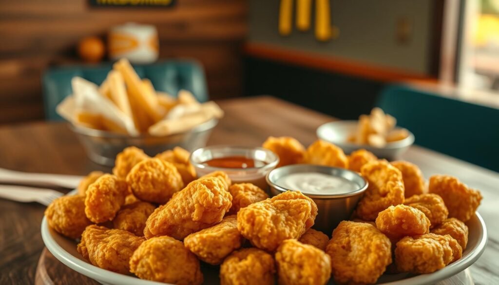 A beautifully arranged plate of Golden Chicken McNuggets, perfectly crisped and steaming, occupies the foreground. Each nugget glistens under soft, warm lighting, showcasing a tantalizing golden-brown exterior. In the middle ground, a small appetizing assortment of dipping sauces, like tangy barbecue and creamy ranch, sits alongside the nuggets. A rustic wooden table adds texture and warmth to the scene, while hints of casual dining items like napkins and small plates create an inviting atmosphere. In the background, a blurred McDonald's logo subtly hints at the brand's context without overwhelming the image. The overall mood is casual and inviting, perfect for sharing with friends or family, emphasizing the social aspect of enjoying this beloved menu item.