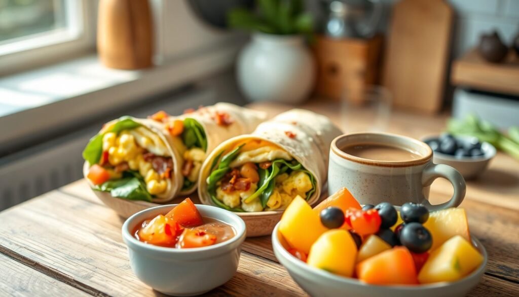 A beautifully arranged plate of breakfast wraps on a rustic wooden table, showcasing two wraps filled with fluffy scrambled eggs, crispy bacon, fresh spinach, and melted cheese, garnished with a sprinkle of red pepper flakes. In the foreground, a vibrant side of salsa and a small bowl of fresh fruit — slices of melon, strawberries, and blueberries. The middle ground features a steaming cup of coffee in a simple ceramic mug, giving a cozy feel to the setting. Soft, natural lighting streams in from a nearby window, creating a warm and inviting atmosphere. The background is softly blurred, hinting at a casual kitchen environment with subtle kitchen utensils and a hint of greenery, suggesting a comfortable breakfast ambiance perfect for on-the-go dining. The composition conveys a cheerful, nourishing start to the day.