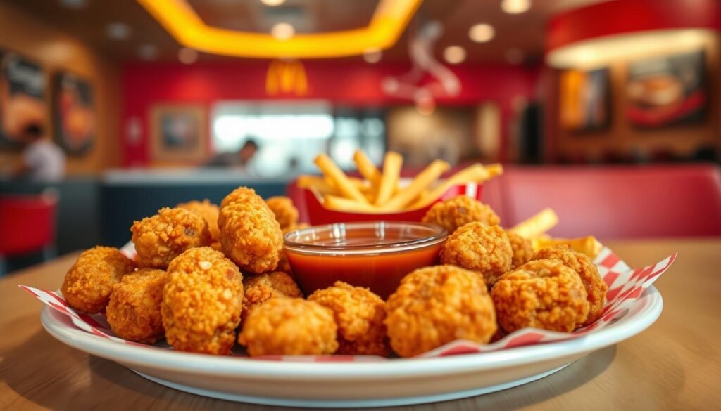 A beautifully arranged plate of golden-brown chicken nuggets, perfectly crispy on the outside with a tender, juicy interior. The foreground features a generous serving of nuggets accompanied by a small bowl of rich, tangy barbecue sauce for dipping. In the middle, a classic fast-food table setting includes a red and white checkered paper liner and a side of crispy fries, enticing with steam rising from them. The background showcases a soft-focus interior of a fast-food restaurant with cheerful, warmly lit ambiance, emphasizing a casual dining atmosphere. Shot with a 50mm lens, the perspective captures the nuggets in sharp detail, inviting viewers to savor the deliciousness of McDonald's value menu. The overall mood is vibrant and appealing, illustrating the best-value lunch and dinner options that are sure to tantalize the taste buds. A beautifully arranged plate of golden-brown chicken nuggets, perfectly crispy on the outside with a tender, juicy interior. The foreground features a generous serving of nuggets accompanied by a small bowl of rich, tangy barbecue sauce for dipping. In the middle, a classic fast-food table setting includes a red and white checkered paper liner and a side of crispy fries, enticing with steam rising from them. The background showcases a soft-focus interior of a fast-food restaurant with cheerful, warmly lit ambiance, emphasizing a casual dining atmosphere. Shot with a 50mm lens, the perspective captures the nuggets in sharp detail, inviting viewers to savor the deliciousness of McDonald's value menu. The overall mood is vibrant and appealing, illustrating the best-value lunch and dinner options that are sure to tantalize the taste buds.