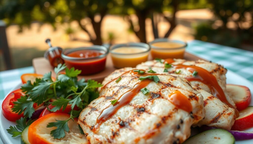 A beautifully arranged plate of grilled chicken breasts, glistening with a light marinade, surrounded by fresh herbs and colorful sliced vegetables. In the foreground, the perfectly cooked chicken is displayed with grill marks clearly visible, and a drizzle of flavorful sauce artfully applied on top. In the middle ground, a wooden serving board holds a selection of sauces—barbecue, honey mustard, and a gluten-friendly option—each in small bowls for easy customization. The background features a softly blurred outdoor setting, with natural light filtering through leafy trees, creating a warm and inviting atmosphere. The focus is on showcasing the grilled chicken as a healthy and delightful catering option, radiating a cozy, appetizing vibe. A beautifully arranged plate of grilled chicken breasts, glistening with a light marinade, surrounded by fresh herbs and colorful sliced vegetables. In the foreground, the perfectly cooked chicken is displayed with grill marks clearly visible, and a drizzle of flavorful sauce artfully applied on top. In the middle ground, a wooden serving board holds a selection of sauces—barbecue, honey mustard, and a gluten-friendly option—each in small bowls for easy customization. The background features a softly blurred outdoor setting, with natural light filtering through leafy trees, creating a warm and inviting atmosphere. The focus is on showcasing the grilled chicken as a healthy and delightful catering option, radiating a cozy, appetizing vibe.