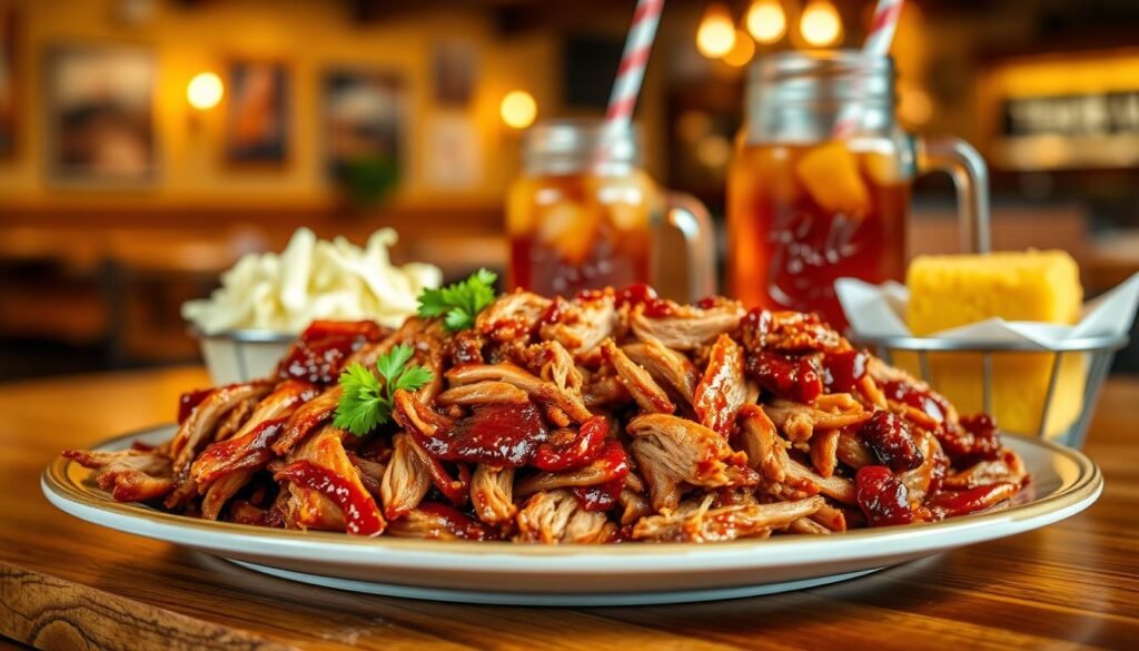 A beautifully arranged plate of pulled pork in the foreground, showcasing tender, succulent strands of slow-cooked barbecue pork, glistening with a rich, smoky sauce. The dish is garnished with fresh parsley and served alongside classic sides: creamy coleslaw and golden cornbread. In the middle ground, a rustic wooden table adds a touch of warmth, while a mason jar filled with iced tea sits nearby, capturing the essence of a Texas Roadhouse lunch. The background features a blurred interior of a casual dining restaurant with warm lighting and wooden accents, creating a cozy atmosphere. The image should be shot from a slightly elevated angle to highlight the delicious details of the pulled pork and sides, evoking a mouth-watering, inviting feel perfect for sharing a Texas-style meal.