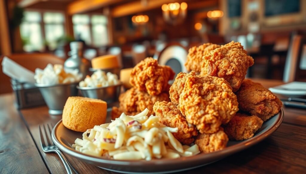 A beautifully arranged plate of southern fried chicken, featuring golden-brown, crispy chicken pieces with a crunchy, flaky exterior. In the foreground, a side of creamy coleslaw and buttery cornbread muffins add vibrant color contrast. The middle ground showcases a rustic wooden table with vintage tableware and cutlery, evoking a homey diner atmosphere. The background softly blurs into warm, inviting hues of a Cracker Barrel-style setting, hinting at wooden beams and country decor. Natural, soft lighting cascades across the scene, creating a cozy and nostalgic mood, perfect for capturing the essence of comfort food. The angle of the shot is slightly above the plate, focusing on the food while ensuring the entire table setting is visible, inviting viewers to indulge in this southern classic. A beautifully arranged plate of southern fried chicken, featuring golden-brown, crispy chicken pieces with a crunchy, flaky exterior. In the foreground, a side of creamy coleslaw and buttery cornbread muffins add vibrant color contrast. The middle ground showcases a rustic wooden table with vintage tableware and cutlery, evoking a homey diner atmosphere. The background softly blurs into warm, inviting hues of a Cracker Barrel-style setting, hinting at wooden beams and country decor. Natural, soft lighting cascades across the scene, creating a cozy and nostalgic mood, perfect for capturing the essence of comfort food. The angle of the shot is slightly above the plate, focusing on the food while ensuring the entire table setting is visible, inviting viewers to indulge in this southern classic.
