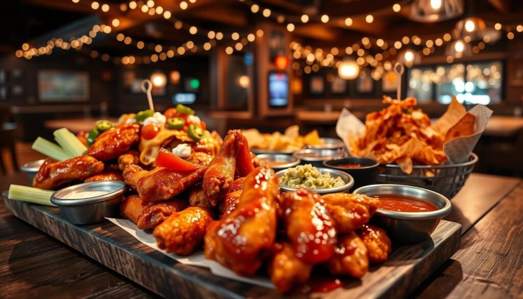 A beautifully arranged platter of appetizers set on a rustic wooden table. In the foreground, there are crispy Buffalo wings coated in a tangy sauce, accompanied by celery sticks and a bowl of blue cheese dressing. Next to it, a vibrant assortment of nachos piled high with melted cheese, jalapeños, and fresh guacamole. In the middle ground, various dips like salsa and queso in small bowls, surrounded by crunchy tortilla chips. The background features a cozy, dimly lit pub ambiance with soft fairy lights and wooden beams, creating a warm and inviting atmosphere. The scene is shot from a slightly elevated angle, emphasizing the rich textures and colors of the food, with soft-focused edges to draw attention to the appetizers.