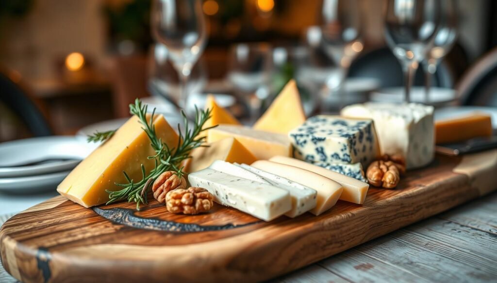 A beautifully arranged platter of assorted cheese types, prominently featuring a wedge of aged cheddar, creamy Brie, and tangy blue cheese. The foreground showcases slices of cheese artfully placed on a rustic wooden board, garnished with sprigs of fresh rosemary and walnuts. In the middle, a blurred background highlights a soft-focus dining table setting with elegant tableware, evoking a cozy yet sophisticated atmosphere. The lighting is warm and inviting, casting gentle shadows and accentuating the textures of the cheese. The scene is captured from a slightly elevated angle, providing depth and allure, perfect for emphasizing the idea of smart ordering for dietary needs and budget. No text or logos are present, ensuring a clean presentation.