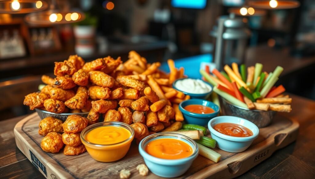A beautifully arranged platter of shareable appetizers is set on a rustic wooden table, capturing the essence of a lively happy hour atmosphere. In the foreground, a variety of vibrant dishes including spicy buffalo wings, crispy onion rings, creamy buffalo dip, and fresh vegetable sticks are artfully displayed. In the middle ground, small bowls of dipping sauces in bright colors complement the appetizers. The background features softly blurred bar elements, with warm, inviting lighting emanating from overhead fixtures, creating a cozy ambiance. The scene is shot from a slight overhead angle, emphasizing the abundance and appeal of the appetizers, evoking a fun and social mood perfect for sharing among friends.