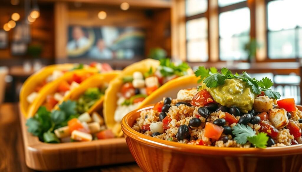 A beautifully arranged presentation of Chipotle’s gluten-free menu items, featuring vibrant, fresh ingredients. In the foreground, showcase a colorful bowl filled with a mix of brown rice, black beans, grilled chicken, fresh pico de gallo, and guacamole, garnished with cilantro. In the middle, include a selection of gluten-free tacos with crispy corn tortillas, overflowing with freshly chopped onions, lettuce, and a variety of homemade salsas. The background should feature a warming wood-tone restaurant interior, subtly lit with natural light filtering through large windows, creating an inviting atmosphere. Use a soft focus effect to emphasize the dishes while keeping the restaurant vibe intact. The image should exude a sense of freshness and health, appealing to those looking for gluten-free dining options. A beautifully arranged presentation of Chipotle’s gluten-free menu items, featuring vibrant, fresh ingredients. In the foreground, showcase a colorful bowl filled with a mix of brown rice, black beans, grilled chicken, fresh pico de gallo, and guacamole, garnished with cilantro. In the middle, include a selection of gluten-free tacos with crispy corn tortillas, overflowing with freshly chopped onions, lettuce, and a variety of homemade salsas. The background should feature a warming wood-tone restaurant interior, subtly lit with natural light filtering through large windows, creating an inviting atmosphere. Use a soft focus effect to emphasize the dishes while keeping the restaurant vibe intact. The image should exude a sense of freshness and health, appealing to those looking for gluten-free dining options.