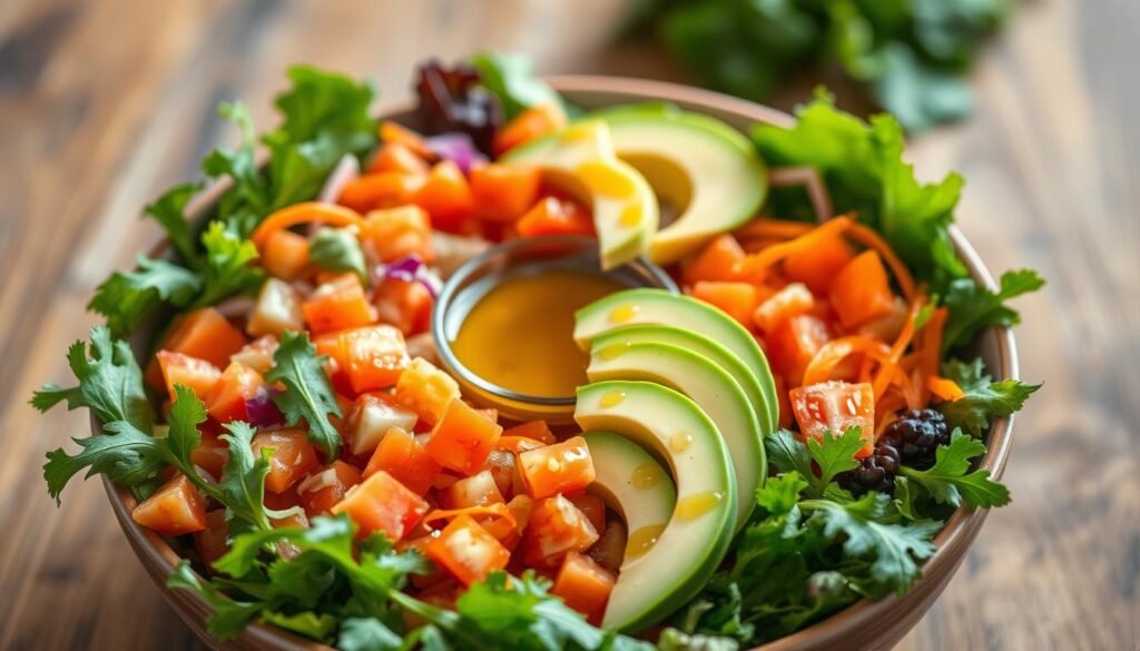 A beautifully arranged salad bowl brimming with fresh, vibrant ingredients. In the foreground, colorful greens like romaine and arugula form a lush base, topped with diced tomatoes, shredded carrots, and slices of ripe avocado, all glistening with a light drizzle of honey vinaigrette dressing that adds a golden hue. The middle of the image features a small dish of the honey vinaigrette, emphasizing its enticing texture. In the background, a blurred, rustic wooden table provides warmth and context. Soft, natural lighting enhances the freshness of the ingredients, creating a warm and inviting atmosphere, while a slightly tilted overhead angle showcases the salad’s appealing composition. A beautifully arranged salad bowl brimming with fresh, vibrant ingredients. In the foreground, colorful greens like romaine and arugula form a lush base, topped with diced tomatoes, shredded carrots, and slices of ripe avocado, all glistening with a light drizzle of honey vinaigrette dressing that adds a golden hue. The middle of the image features a small dish of the honey vinaigrette, emphasizing its enticing texture. In the background, a blurred, rustic wooden table provides warmth and context. Soft, natural lighting enhances the freshness of the ingredients, creating a warm and inviting atmosphere, while a slightly tilted overhead angle showcases the salad’s appealing composition.
