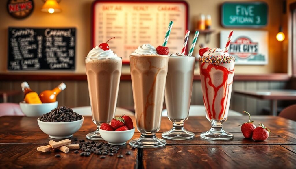 A beautifully arranged scene featuring a variety of delicious milkshakes from Five Guys, displayed in sleek, tall glasses on a rustic wooden table. In the foreground, a rich chocolate milkshake topped with whipped cream and a cherry stands prominently, with a vanilla milkshake and a strawberry milkshake artistically positioned beside it. Each shake is adorned with colorful straws and sprinkles, creating an inviting look. In the middle ground, an assortment of different flavor ingredients like chocolate chips, fresh strawberries, and caramel bottles gracefully spills from decorative bowls. The background captures a warm, softly lit interior of a quaint diner, with a faintly blurred menu board displaying prices and flavors. The atmosphere feels cozy and vibrant, inviting viewers to indulge in the delightful offerings. The lighting is warm and inviting, adding a touch of nostalgia to the scene. A beautifully arranged scene featuring a variety of delicious milkshakes from Five Guys, displayed in sleek, tall glasses on a rustic wooden table. In the foreground, a rich chocolate milkshake topped with whipped cream and a cherry stands prominently, with a vanilla milkshake and a strawberry milkshake artistically positioned beside it. Each shake is adorned with colorful straws and sprinkles, creating an inviting look. In the middle ground, an assortment of different flavor ingredients like chocolate chips, fresh strawberries, and caramel bottles gracefully spills from decorative bowls. The background captures a warm, softly lit interior of a quaint diner, with a faintly blurred menu board displaying prices and flavors. The atmosphere feels cozy and vibrant, inviting viewers to indulge in the delightful offerings. The lighting is warm and inviting, adding a touch of nostalgia to the scene.