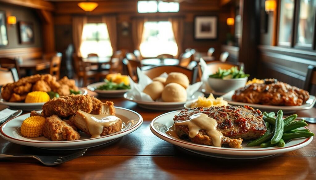 A beautifully arranged selection of Cracker Barrel a la carte entrees, featuring a variety of dishes like crispy fried chicken, savory meatloaf, and grilled catfish, artfully plated with vibrant sides such as buttery corn, creamy mashed potatoes, and fresh green beans. In the foreground, showcase a wooden table set with charming rustic tableware, emphasizing a warm, inviting atmosphere. The middle ground includes a soft-focus view of delicious biscuits and a bowl of country-style gravy. In the background, a softly lit country dining space with warm wooden accents creates a cozy ambiance. The lighting is warm and natural, mimicking late afternoon sunlight for a nostalgic feel. Angle the shot for a slight top-down perspective to capture the vibrant colors and textures of the food. A beautifully arranged selection of Cracker Barrel a la carte entrees, featuring a variety of dishes like crispy fried chicken, savory meatloaf, and grilled catfish, artfully plated with vibrant sides such as buttery corn, creamy mashed potatoes, and fresh green beans. In the foreground, showcase a wooden table set with charming rustic tableware, emphasizing a warm, inviting atmosphere. The middle ground includes a soft-focus view of delicious biscuits and a bowl of country-style gravy. In the background, a softly lit country dining space with warm wooden accents creates a cozy ambiance. The lighting is warm and natural, mimicking late afternoon sunlight for a nostalgic feel. Angle the shot for a slight top-down perspective to capture the vibrant colors and textures of the food.