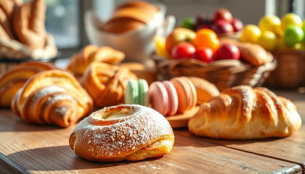 A beautifully arranged selection of bakery treats featuring warm, flaky pastries such as croissants, danishes, and scones placed on a rustic wooden table. In the foreground, a delicate powdered sugar-dusted cinnamon roll, with a hint of melting butter, draws the eye. The middle of the composition showcases an assortment of colorful macaroons in pastel hues alongside a golden apple turnover. Soft, natural light streams in from a nearby window, casting gentle shadows that enhance the textures. In the background, blurred hints of fresh bread loaves and a vibrant fruit bowl add depth, creating an inviting and cheerful ambiance. The overall mood is warm and cozy, perfect for complementing a lunch experience at a friendly bakery.