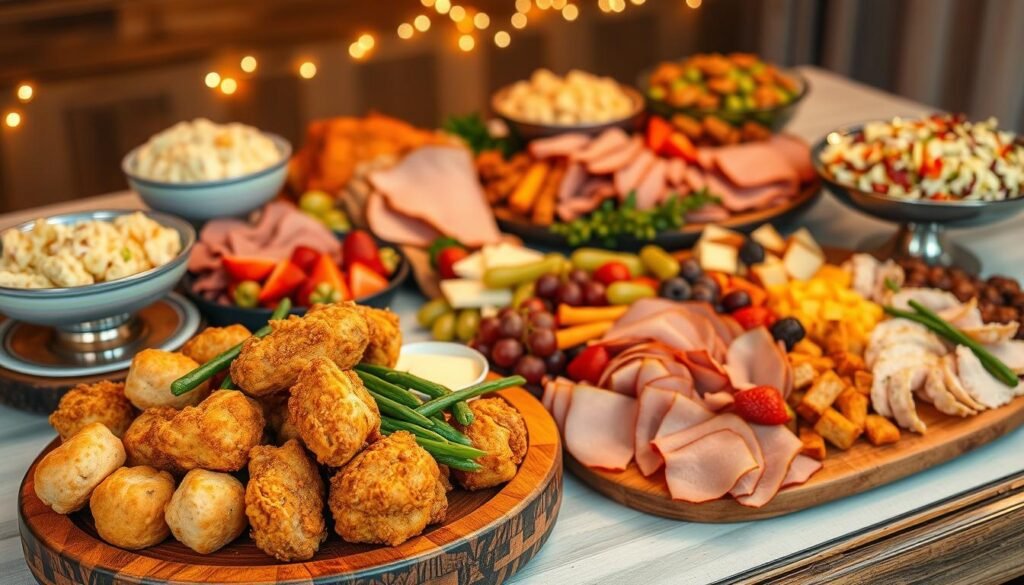 A beautifully arranged selection of party platters ideal for catering, featuring an assortment of delicious items. In the foreground, showcase a large wooden platter filled with crispy fried chicken pieces, golden biscuits, and fresh green beans. Next to it, a colorful array of sliced meats such as smoked turkey and honey-glazed ham, accompanied by various cheeses and fresh fruit like grapes and strawberries. The middle ground presents a few elegant serving bowls overflowing with creamy potato salad and vibrant coleslaw. The background highlights a softly lit rustic table setting, adorned with warm lighting that creates an inviting atmosphere. The overall mood is festive and communal, perfect for a gathering, captured from a slightly elevated angle to encapsulate the whole spread. The image has no text or watermarks, emphasizing the delicious food. A beautifully arranged selection of party platters ideal for catering, featuring an assortment of delicious items. In the foreground, showcase a large wooden platter filled with crispy fried chicken pieces, golden biscuits, and fresh green beans. Next to it, a colorful array of sliced meats such as smoked turkey and honey-glazed ham, accompanied by various cheeses and fresh fruit like grapes and strawberries. The middle ground presents a few elegant serving bowls overflowing with creamy potato salad and vibrant coleslaw. The background highlights a softly lit rustic table setting, adorned with warm lighting that creates an inviting atmosphere. The overall mood is festive and communal, perfect for a gathering, captured from a slightly elevated angle to encapsulate the whole spread. The image has no text or watermarks, emphasizing the delicious food.