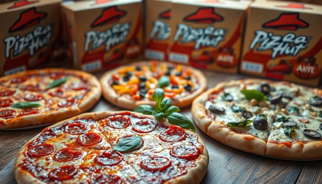 A beautifully arranged selection of pizzas on a rustic wooden table, showcasing a variety of toppings for a classic pizza vibe. In the foreground, a cheesy pepperoni pizza with vibrant red sauce glistening under warm, ambient lighting. Adjacent, a colorful veggie pizza featuring bright bell peppers, mushrooms, and olives, contrasting with a side of a white sauce pizza topped with spinach and artichokes. The middle ground features fresh green basil leaves and sprinkle of grated cheese scattered artistically. In the background, softly blurred pizza boxes with Pizza Hut branding create a warm, inviting atmosphere, evoking the essence of a family pizza night. The overall mood is appetizing and cozy, with soft lighting giving a golden hour effect, enhancing the freshness of the ingredients. Shot from a slightly elevated angle to capture the full spread.