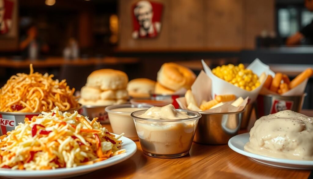 A beautifully arranged table displaying an enticing selection of KFC side combinations. In the foreground, a vibrant plate of crispy coleslaw is next to creamy mashed potatoes with gravy, and a steaming bowl of buttery corn. In the middle, several dipping sauces like honey mustard and ranch complement tantalizing biscuits. The background features a subtle KFC restaurant ambiance, with soft lighting that highlights the food’s textures. Use a shallow depth of field to create a soft blur in the backdrop, focusing sharply on the sides. The photograph should evoke a warm and inviting atmosphere, making the viewer crave a delicious KFC meal, with a cozy yet dynamic presentation style.