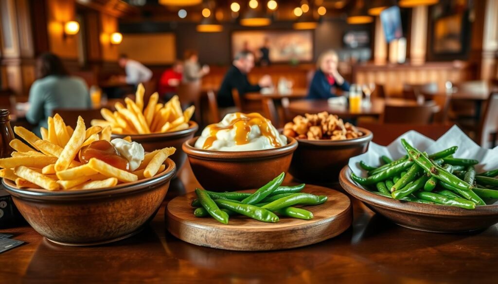 A beautifully arranged table featuring a variety of Texas Roadhouse scratch sides, showcasing crisp, golden-brown fries, creamy mashed potatoes with a dollop of gravy, and vibrant, sautéed green beans. The sides are plated in rustic ceramic bowls, emphasizing a home-cooked, hearty feel. In the middle ground, a tastefully decorated wooden table complements the array of sides, surrounded by warm, inviting lighting that creates a cozy atmosphere. Soft shadows add depth, while a blurred background hints at a bustling Texas Roadhouse setting, complete with wooden accents and patrons enjoying their meals. The image conveys a warm, appetizing mood, perfect for food lovers.