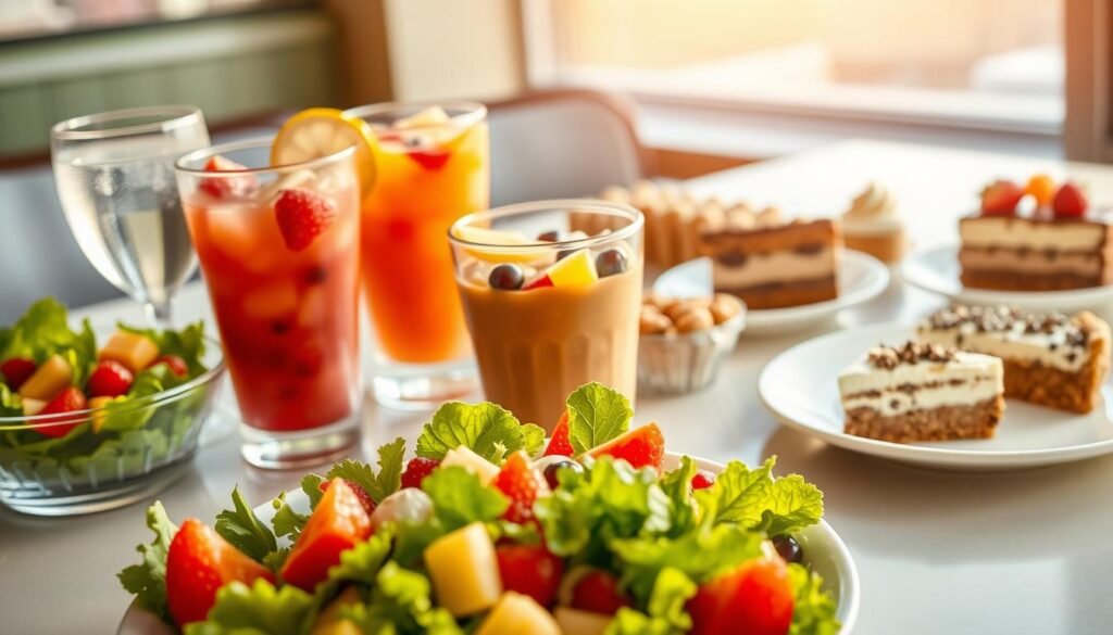 A beautifully arranged table featuring an assortment of Subway's sides, drinks, and desserts. In the foreground, a vibrant green salad with crisp vegetables and a light dressing, accompanied by a small bowl of fresh fruit salad displaying bright berries and melons. Just behind, a clear glass with sparkling water garnished with a slice of lemon and a colorful fruit smoothie in a reusable cup, showcasing layers of fresh fruit. In the background, a tempting array of desserts, including a slice of chocolate chip cookie cake, a small parfait of yogurt and granola, and a mini fruit tart on a delicate plate. Warm, natural lighting floods the scene, creating a fresh and inviting atmosphere. The image emphasizes healthy choices alongside indulgent treats, highlighting a balance of nutrition. A beautifully arranged table featuring an assortment of Subway's sides, drinks, and desserts. In the foreground, a vibrant green salad with crisp vegetables and a light dressing, accompanied by a small bowl of fresh fruit salad displaying bright berries and melons. Just behind, a clear glass with sparkling water garnished with a slice of lemon and a colorful fruit smoothie in a reusable cup, showcasing layers of fresh fruit. In the background, a tempting array of desserts, including a slice of chocolate chip cookie cake, a small parfait of yogurt and granola, and a mini fruit tart on a delicate plate. Warm, natural lighting floods the scene, creating a fresh and inviting atmosphere. The image emphasizes healthy choices alongside indulgent treats, highlighting a balance of nutrition.