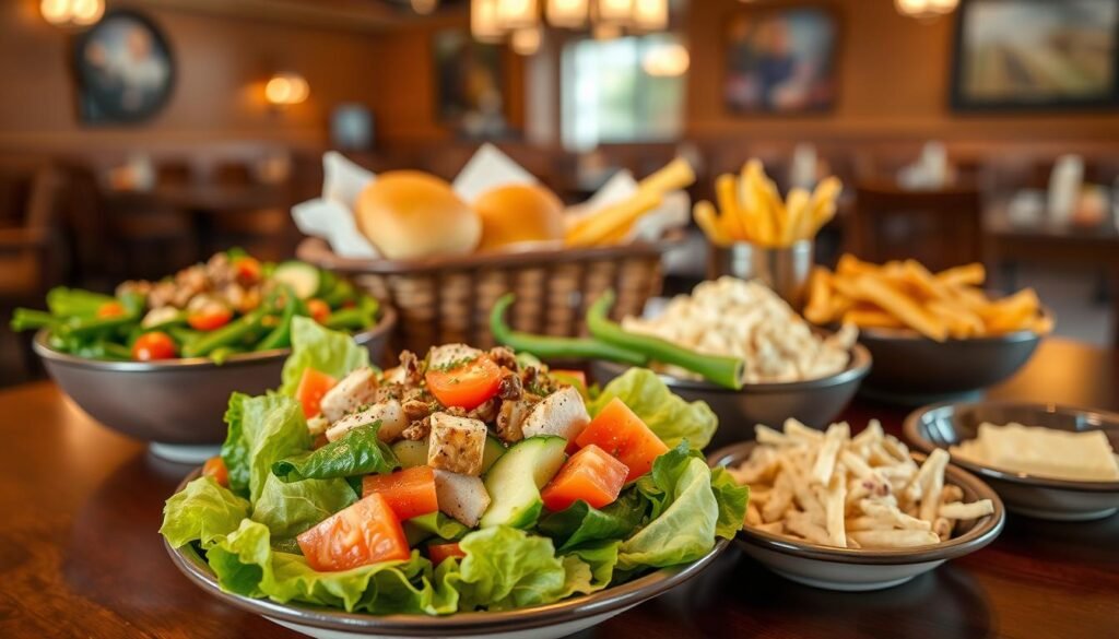A beautifully arranged table featuring an assortment of Texas Roadhouse starter salads and sides. In the foreground, showcase a vibrant garden salad with fresh lettuce, tomatoes, cucumbers, and a colorful array of toppings, drizzled with dressing. Beside it, a hearty bowl of seasoned green beans and a side of creamy coleslaw. In the middle, include a basket of freshly baked rolls with butter, and a small dish of crispy fries. The background should be softly blurred, depicting a warm and inviting restaurant ambiance with wooden décor and warm lighting. Capture the scene from a slightly elevated angle to highlight the food. The mood should be friendly and appetizing, inviting viewers to explore safe dining options. A beautifully arranged table featuring an assortment of Texas Roadhouse starter salads and sides. In the foreground, showcase a vibrant garden salad with fresh lettuce, tomatoes, cucumbers, and a colorful array of toppings, drizzled with dressing. Beside it, a hearty bowl of seasoned green beans and a side of creamy coleslaw. In the middle, include a basket of freshly baked rolls with butter, and a small dish of crispy fries. The background should be softly blurred, depicting a warm and inviting restaurant ambiance with wooden décor and warm lighting. Capture the scene from a slightly elevated angle to highlight the food. The mood should be friendly and appetizing, inviting viewers to explore safe dining options.
