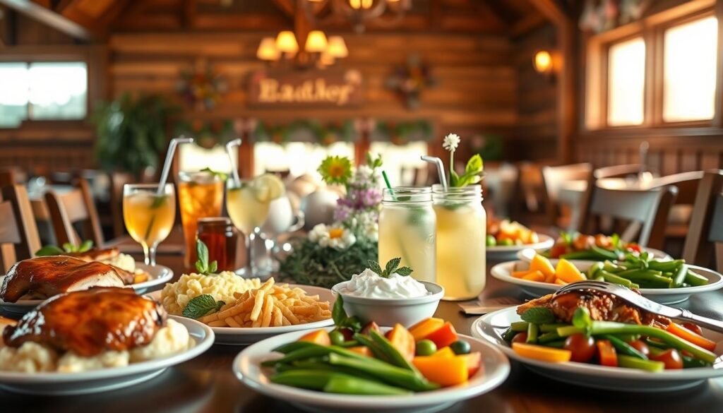 A beautifully arranged table set for a festive Easter dinner at Cracker Barrel, featuring seasonal dine-in specials. In the foreground, an inviting spread of Southern-style dishes, including glazed ham, creamy mashed potatoes, and vibrant spring vegetables, elegantly plated on rustic white china. In the middle ground, a selection of refreshing spring drinks, like sweet tea and fruity lemonade, presented in mason jars adorned with fresh mint. The background showcases a cozy wooden restaurant interior with soft, warm lighting, emphasizing a welcoming atmosphere. Natural light streaming through large windows creates a cheerful ambiance, while delicate floral decorations hint at the spring theme. Overall, the image conveys a sense of warmth, togetherness, and celebration, perfectly capturing the spirit of a holiday dinner. A beautifully arranged table set for a festive Easter dinner at Cracker Barrel, featuring seasonal dine-in specials. In the foreground, an inviting spread of Southern-style dishes, including glazed ham, creamy mashed potatoes, and vibrant spring vegetables, elegantly plated on rustic white china. In the middle ground, a selection of refreshing spring drinks, like sweet tea and fruity lemonade, presented in mason jars adorned with fresh mint. The background showcases a cozy wooden restaurant interior with soft, warm lighting, emphasizing a welcoming atmosphere. Natural light streaming through large windows creates a cheerful ambiance, while delicate floral decorations hint at the spring theme. Overall, the image conveys a sense of warmth, togetherness, and celebration, perfectly capturing the spirit of a holiday dinner.
