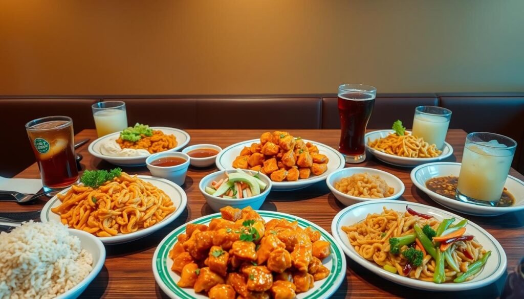 A beautifully arranged table set with a variety of colorful Panda Express dishes, including vibrant sides like steamed rice, chow mein, and crispy orange chicken as the main entrée. Plates should be garnished with fresh vegetables and a drizzle of signature sauces. Include a selection of refreshing beverages, such as iced tea and sweet lemonades, in clear glasses. The table is set against a warm, inviting background with soft lighting that highlights the richness of the food, creating an appetizing atmosphere. Capture the scene from a slightly elevated angle to showcase the variety and arrangement, evoking a sense of casual dining enjoyment. Focus on the colors and textures to enhance the visual appeal, making it suitable for a food review context. A beautifully arranged table set with a variety of colorful Panda Express dishes, including vibrant sides like steamed rice, chow mein, and crispy orange chicken as the main entrée. Plates should be garnished with fresh vegetables and a drizzle of signature sauces. Include a selection of refreshing beverages, such as iced tea and sweet lemonades, in clear glasses. The table is set against a warm, inviting background with soft lighting that highlights the richness of the food, creating an appetizing atmosphere. Capture the scene from a slightly elevated angle to showcase the variety and arrangement, evoking a sense of casual dining enjoyment. Focus on the colors and textures to enhance the visual appeal, making it suitable for a food review context.