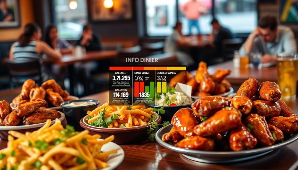 A beautifully arranged table setting featuring a diverse selection of Buffalo Wild Wings dinner menu items, placed prominently in the foreground. Include dishes such as traditional wings, boneless wings, and a fresh side salad, all artfully garnished. In the middle, visualize a detailed infographic displaying calorie counts and nutritional information for each item, with colors that pop to grab attention. The background features a cozy restaurant atmosphere with warm lighting, wooden tables, and blurred patrons enjoying their meals, creating a lively yet inviting mood. Focus on a slightly elevated perspective to capture the variety of food items and the ambiance, employing soft focus effects for a sophisticated look. The image should be clean and professional without any text overlays or branding.