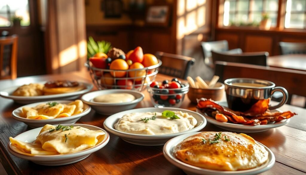 A beautifully arranged table showcasing a selection of Cracker Barrel breakfast specials. In the foreground, a rustic wooden table displays an array of smaller plates featuring fluffy scrambled eggs, golden-brown pancakes, crispy bacon, and a steaming bowl of grits, all garnished with fresh herbs. In the middle ground, a vibrant fruit bowl adds a pop of color, highlighting bright strawberries, blueberries, and slices of orange. Soft morning light filters through a nearby window, casting gentle shadows and creating a warm, inviting atmosphere. In the background, the cozy interior of a Cracker Barrel restaurant is subtly visible, with wooden accents and vintage decor, enhancing the comforting mood of a hearty breakfast gathering. The overall feel is homely and appetizing, perfect for enticing readers. A beautifully arranged table showcasing a selection of Cracker Barrel breakfast specials. In the foreground, a rustic wooden table displays an array of smaller plates featuring fluffy scrambled eggs, golden-brown pancakes, crispy bacon, and a steaming bowl of grits, all garnished with fresh herbs. In the middle ground, a vibrant fruit bowl adds a pop of color, highlighting bright strawberries, blueberries, and slices of orange. Soft morning light filters through a nearby window, casting gentle shadows and creating a warm, inviting atmosphere. In the background, the cozy interior of a Cracker Barrel restaurant is subtly visible, with wooden accents and vintage decor, enhancing the comforting mood of a hearty breakfast gathering. The overall feel is homely and appetizing, perfect for enticing readers.