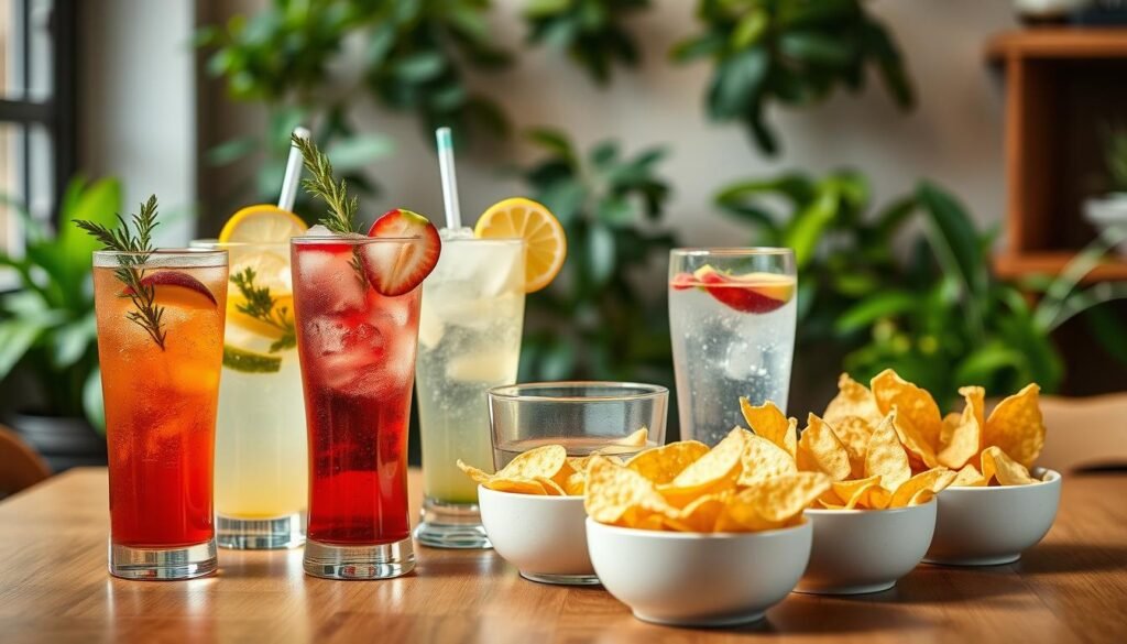 A beautifully arranged table showcasing a selection of gluten-free drinks and sides, set against a soft, welcoming background. In the foreground, vibrant, refreshing beverages including iced herbal tea, lemonade, and fruit-infused water are artistically displayed in colorful glasses with garnishes of fresh herbs and fruit slices. Beside them, an array of crispy, gluten-free chips, perfectly golden-brown and served in charming bowls, adds texture and a rustic vibe. The scene is illuminated with warm, natural lighting, creating an inviting atmosphere, while a slight depth of field focuses on the drinks and sides, gently blurring the cozy café background filled with greenery. The overall mood is fresh, cheerful, and ideal for a family-friendly dining experience.