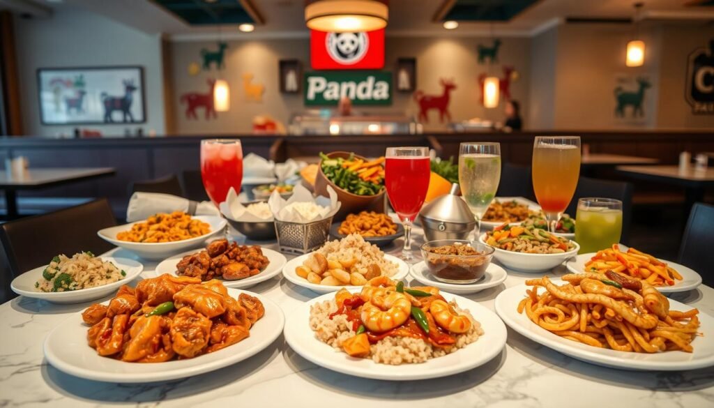 A beautifully arranged table showcasing an extensive menu from Panda Express in Great Falls. The foreground features a vibrant display of popular menu items, including Orange Chicken, Beijing Beef, and Shrimp with Honey Walnut, plated on elegant white dishware. In the middle ground, a colorful selection of sides such as Chow Mein, Fried Rice, and steamed vegetables fills the space, while refreshing drinks like Cherry Limeade and Green Tea are artistically presented in clear glasses. The background captures a warm, inviting restaurant ambiance with soft lighting and subtle decorations typical of Panda Express decor. The scene conveys a friendly and appetizing atmosphere, spotlighting the variety and appeal of the cuisine, all while maintaining a professional look devoid of any text or logos.