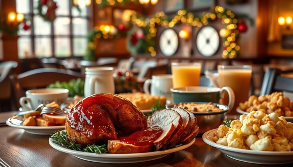 A beautifully arranged table showcasing the Cracker Barrel holiday menu, filled with seasonal favorites. In the foreground, an enticing spread featuring a glazed ham, turkey with cranberry sauce, cornbread stuffing, and mashed potatoes, all garnished with fresh herbs. In the middle, a delightful seasonal dessert display, including pumpkin pie and apple cobbler, alongside festive drinks in comforting mugs. The background features a cozy, warmly lit restaurant interior decorated with holiday ornaments and twinkling lights, evoking a festive atmosphere. The scene is captured with soft, inviting lighting, simulating the golden hour, with a slightly blurred depth of field to emphasize the delicious food in the foreground, conveying warmth, cheer, and a sense of celebration. A beautifully arranged table showcasing the Cracker Barrel holiday menu, filled with seasonal favorites. In the foreground, an enticing spread featuring a glazed ham, turkey with cranberry sauce, cornbread stuffing, and mashed potatoes, all garnished with fresh herbs. In the middle, a delightful seasonal dessert display, including pumpkin pie and apple cobbler, alongside festive drinks in comforting mugs. The background features a cozy, warmly lit restaurant interior decorated with holiday ornaments and twinkling lights, evoking a festive atmosphere. The scene is captured with soft, inviting lighting, simulating the golden hour, with a slightly blurred depth of field to emphasize the delicious food in the foreground, conveying warmth, cheer, and a sense of celebration.