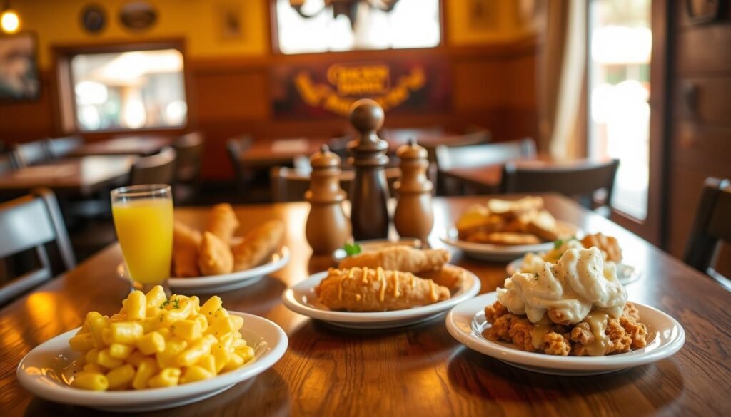 A beautifully arranged tabletop featuring a Cracker Barrel Kids Menu, showcasing colorful, appetizing dishes suited for children. In the foreground, a wooden table displays a variety of meals, including small plates of mac and cheese, chicken tenders, and mashed potatoes, creatively presented to appeal to kids. Each meal is artistically garnished, with a small glass of juice beside them. The middle ground includes a rustic wooden salt and pepper shaker and a small dessert option, like a cookie or fruit cup, adding a sweet touch. In the background, warm, inviting lighting filters through a window, highlighting the casual, family-friendly atmosphere of a Cracker Barrel restaurant. The overall mood feels cheerful and cozy, perfect for a delightful dining experience with kids. A beautifully arranged tabletop featuring a Cracker Barrel Kids Menu, showcasing colorful, appetizing dishes suited for children. In the foreground, a wooden table displays a variety of meals, including small plates of mac and cheese, chicken tenders, and mashed potatoes, creatively presented to appeal to kids. Each meal is artistically garnished, with a small glass of juice beside them. The middle ground includes a rustic wooden salt and pepper shaker and a small dessert option, like a cookie or fruit cup, adding a sweet touch. In the background, warm, inviting lighting filters through a window, highlighting the casual, family-friendly atmosphere of a Cracker Barrel restaurant. The overall mood feels cheerful and cozy, perfect for a delightful dining experience with kids.