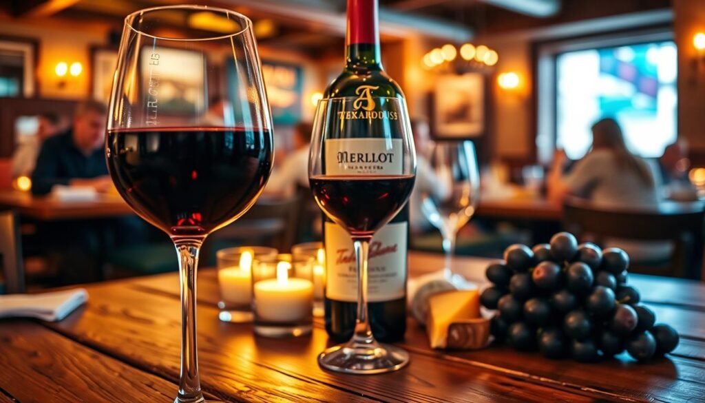 A beautifully arranged wine scene featuring a full glass of deep crimson Merlot alongside a rustic wooden table. In the foreground, the glass catches the soft golden light from nearby candles, reflecting shadows that enhance its rich color. In the middle, a carefully selected wine bottle showcases elegant labeling, with a couple of light snack pairings such as cheese and grapes subtly displayed at the side. The background reveals a cozy Texas Roadhouse environment with warm wood tones and softly blurred images of diners enjoying their meals, creating a convivial atmosphere. The overall lighting is warm and inviting, suggesting a relaxed and enjoyable dining experience suitable for steak nights or lighter meals.