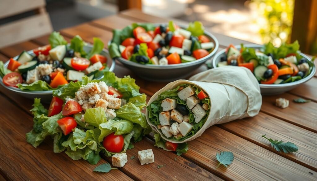 A beautifully arranged wooden table featuring an array of colorful salads and wrap-style lunch options. In the foreground, a classic Caesar salad with crisp romaine lettuce, creamy dressing, and garnished with croutons and a sprinkle of parmesan. Next to it, a vibrant Mediterranean salad overflowing with cherry tomatoes, cucumbers, olives, and feta cheese, drizzled with olive oil. In the middle, a freshly made wrap cut in half, revealing tender chicken, leafy greens, and flavorful sauces, with fresh herbs scattered around for garnish. The background softly blurs showcasing a sunny outdoor setting with warm natural light, casting gentle shadows on the table, creating an inviting and fresh atmosphere perfect for a healthy lunch. A beautifully arranged wooden table featuring an array of colorful salads and wrap-style lunch options. In the foreground, a classic Caesar salad with crisp romaine lettuce, creamy dressing, and garnished with croutons and a sprinkle of parmesan. Next to it, a vibrant Mediterranean salad overflowing with cherry tomatoes, cucumbers, olives, and feta cheese, drizzled with olive oil. In the middle, a freshly made wrap cut in half, revealing tender chicken, leafy greens, and flavorful sauces, with fresh herbs scattered around for garnish. The background softly blurs showcasing a sunny outdoor setting with warm natural light, casting gentle shadows on the table, creating an inviting and fresh atmosphere perfect for a healthy lunch.