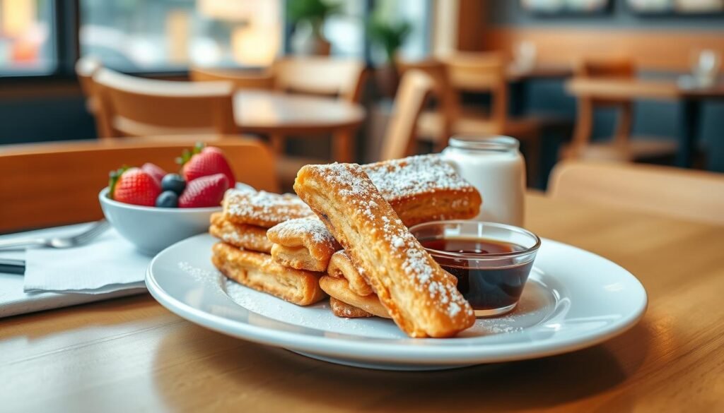 A beautifully composed image of golden-brown French toast sticks served in a casual breakfast setting. In the foreground, a white plate features perfectly stacked French toast sticks, dusted with powdered sugar and accompanied by a small bowl of maple syrup for dipping. The middle ground includes a subtle garnishing of fresh strawberries and blueberries, adding vibrant color to the scene. The background softly blurs into a cozy café atmosphere with warm wooden tables and hints of natural light filtering through a window, creating an inviting morning ambiance. The photo is taken from a slight overhead angle to showcase the delectable details of the French toast sticks and syrup, evoking a warm, comforting mood perfect for a breakfast delight.